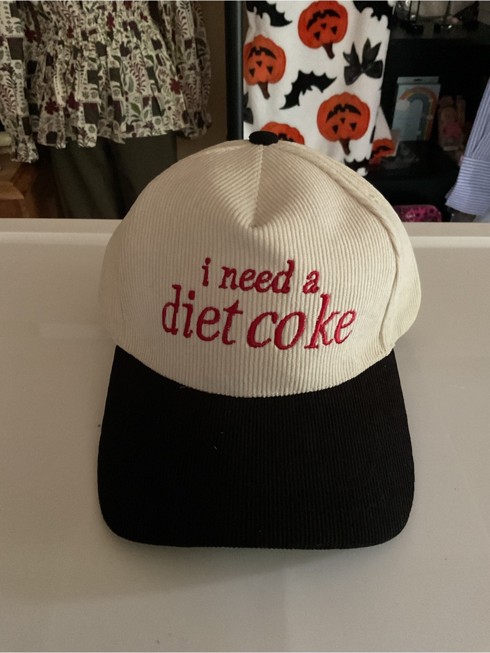 Zenana Outfitters Cream and Black Baseball Cap with Red Embroidery